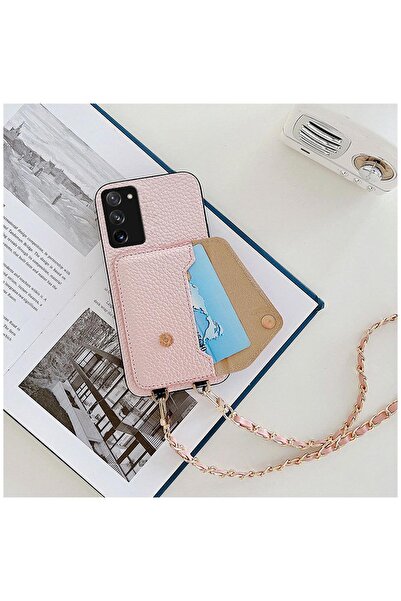 Zebana Samsung Galaxy Note 20 5G Uyumlu Kılıf Boyun Askılı Deri Kılıf Rose Gold