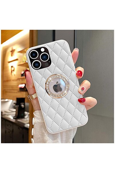 Zebana Apple iPhone 14 Pro Uyumlu Kılıf Diamond Deri Kılıf Beyaz