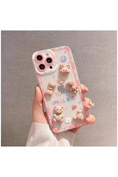 Zebana Apple iPhone 15 Pro Uyumlu Kılıf Bear and Rabbit Silikon Kılıf Pembe