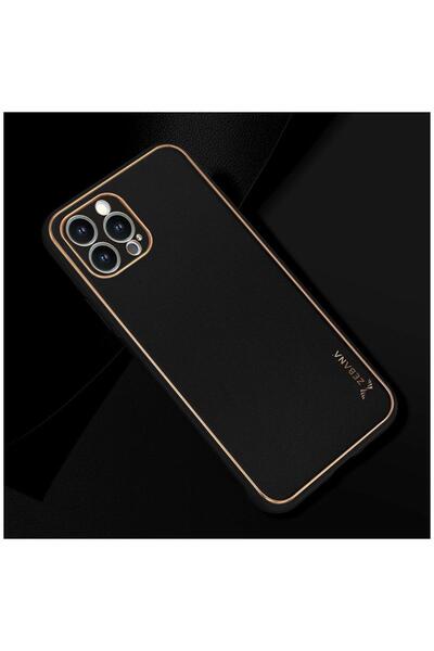 Zebana Apple iPhone 13 Pro Max Uyumlu Kılıf Gold Design Deri Kılıf Siyah