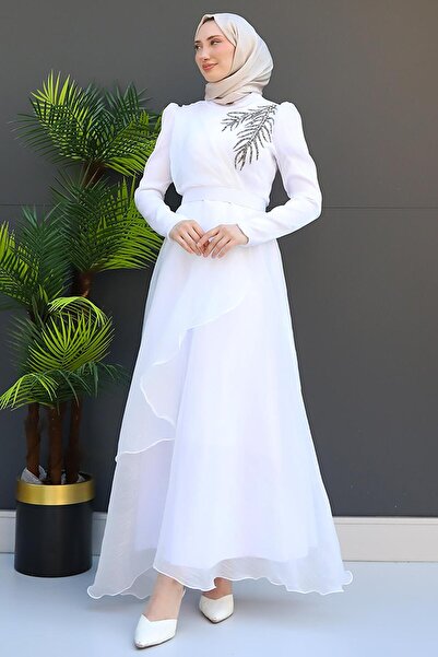 GİYZAMİLA Βραδινό φόρεμα Stoned Organza Λευκό