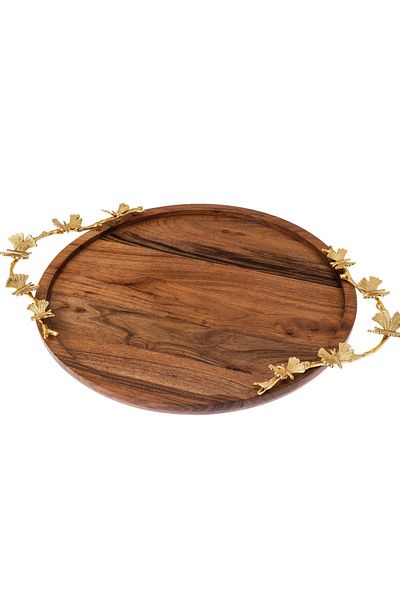Dania Beech Wood Serving Tray With Metal Handles Golden Butterfly Decor