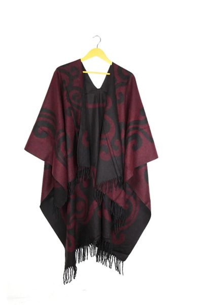 ALLURİNG Women's Burgundy Double Sided Shoulder Shawl Poncho
