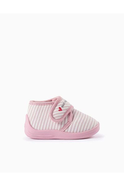 Ziddy STRIPED SLIPPERS FOR BABY GIRLS 'MUM & DAD' PINK/WHITE