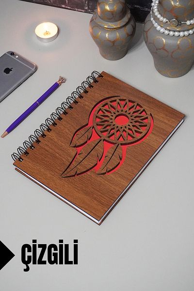 markcat Dream Catcher Themed Wooden Cover Notebook - Lined Notebook - Agenda - School Notebook (A5 - 120 Sheets)