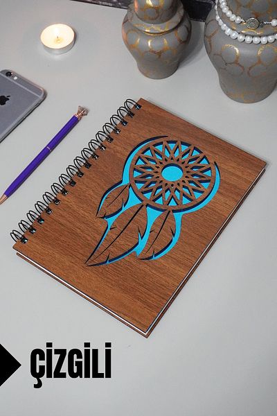 markcat Caiet din lemn cu tematică Dream Catcher - Caiet cu rigle - Agenda - Caiet școlar (A5 - 120 coli)
