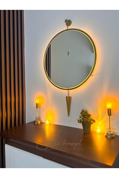 ASA KONSEPT Pilli Led'li Kazablanka Ayna Gold 60 X 95Cm Kablosuz Dekoratif Antre Dresuar Ayna Makyaj Aynası
