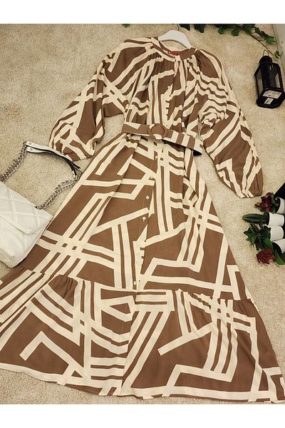 PREMİER VİE Teseture Belt Patterned Viscose Dress