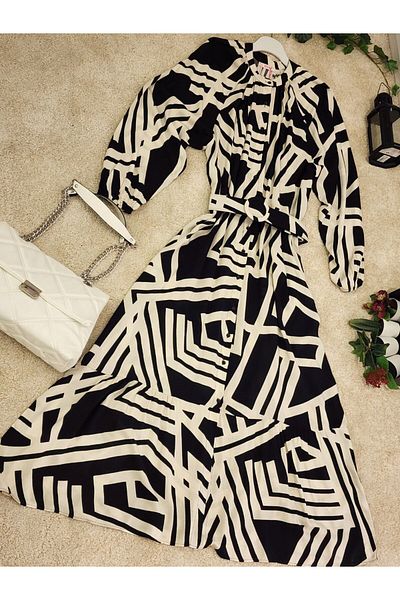PREMİER VİE Teseture Belt Patterned Viscose Dress