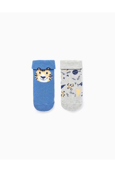 Ziddy PACK OF 2 NON-SLIP SOCKS FOR BABY BOYS 'TIGER', GREY/BLUE