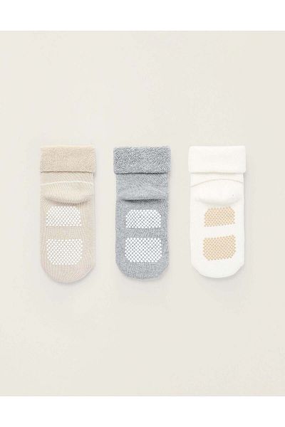 Ziddy PACK OF 3 PAIRS OF NON-SLIP SOCKS FOR BABY, GREY/BEIGE/WHITE