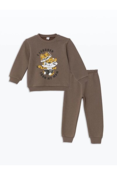 LC Waikiki LCW Kids Kahverengi Kedi Baskılı Erkek Çocuk Sweatshirt ve Eşofman...