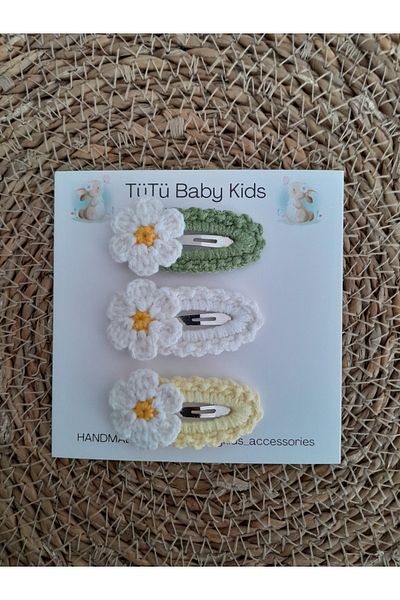Accessories Бебешки и детски комплект от 3 броя закопчалки с фигурка на маргаритка, изплетени на ръка