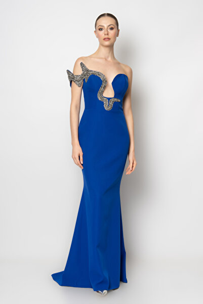 RENGIN Belinden omzuna taş aksesuarlı göğüs dekolteli krep abiye elbise