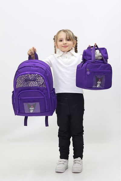 Probag Geantă de școală pentru fete tematice Kuromi, 3 piese, rucsac cu design gotic drăguț, cutie de prânz, suport pentru stilou