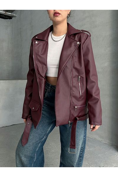 MEECY Übergroße Biker-Lederjacke für Damen