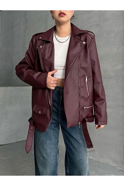 MEECY Übergroße Biker-Lederjacke für Damen
