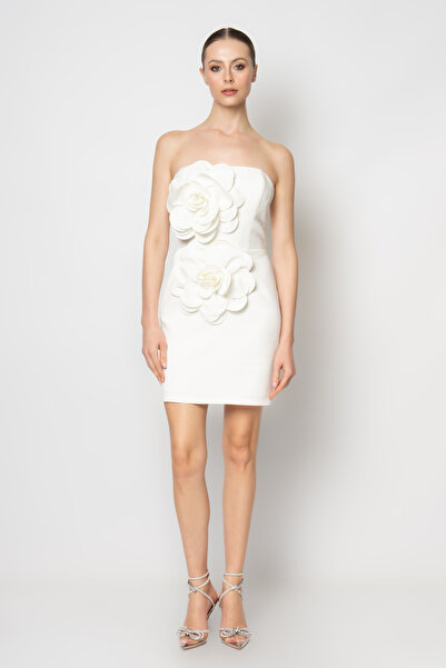 RENGIN Göğsü ve beli çiçek detaylı straplez krep abiye elbise