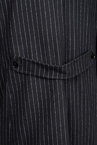 Salihtarzz Men's Mono Collar Striped Black Double Breasted Coat Sd42123