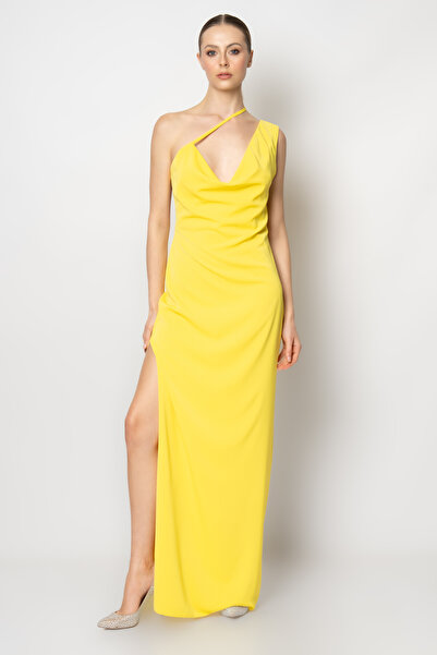 RENGIN Yakasından tek omzuna ip askılı degaje yaka abiye elbise