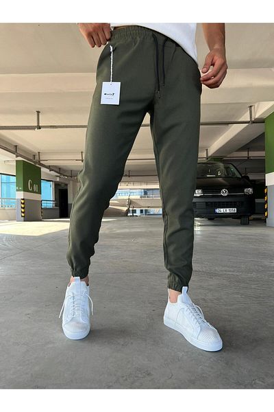 hello7 Men's Khaki Slim Fit Elasticated Leg Flexible Lycra Jogger Trousers