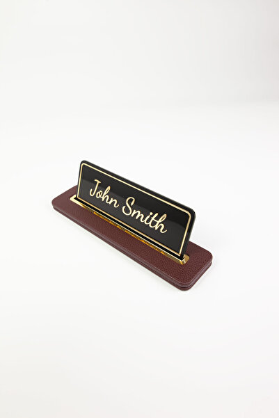Turgut Office Leather Table Nameplate with Burgundy Gold Detail