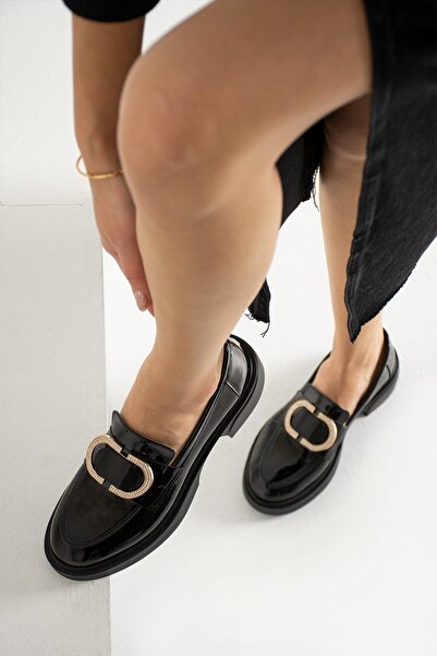 PARİS Kadın Siyah Rugan İnce Taş Detaylı Loafer