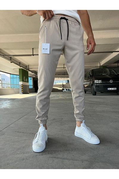 hello7 Ανδρικό παντελόνι Jogger σε μπεζ στενή εφαρμογή με ελαστικό πόδι