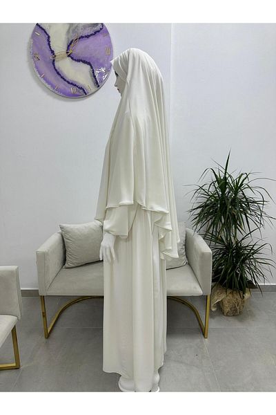 erasra class Ecru Color Ferace & Abaya Souffle Suit - Φόρεμα με ρόμπα στο πλάι. Για Hajj και Umrah