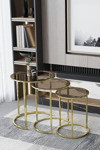 FAYMEND Zigon Sehpa Parlak Gold Metal - Şeffaf Bronz Cam