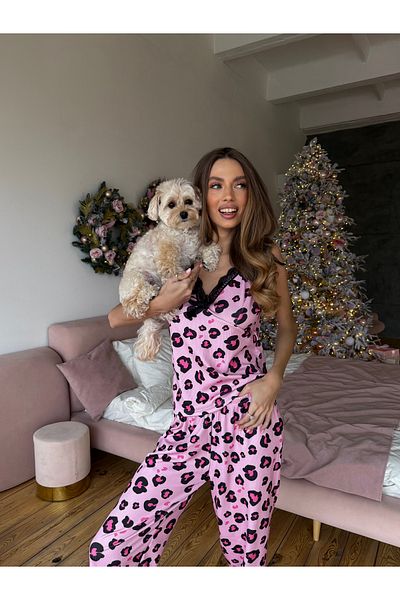 EDLİNGERİE Pink Leopard Patterned Suspender Pajama Set