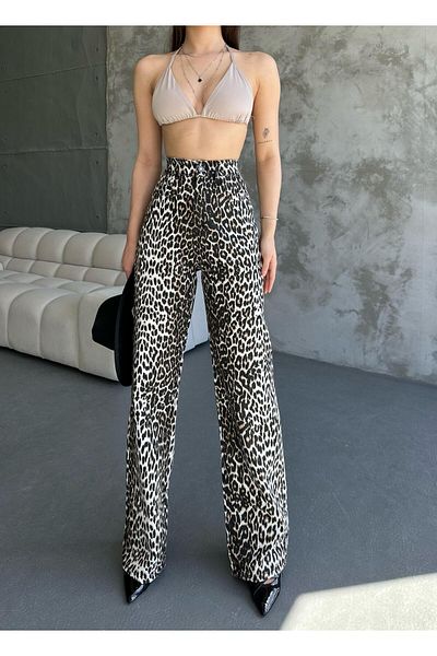 Linarose Γυναικείο παντελόνι Palazzo Lycra με ψηλό στάμπα με φαρδύ πόδι
