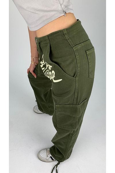 KOTOLOG Παντελόνι χακί με τσέπη Cargo Unisex με εμπρός εμπριμέ και νήμα στη μέση