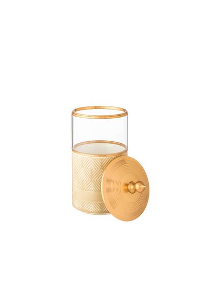 Dania Beige porcelain and glass jar with metal lid, 10.5 x 19