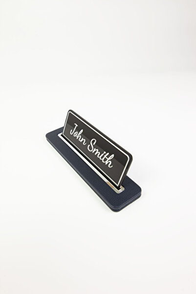 Turgut Office Leather Desk Nameplate Navy Blue with Chrome Detail