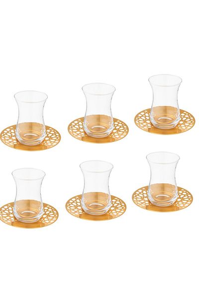Dania A tea set  6 tea cups & 6 saucers, metal, golden color, + an engraving on the saucer