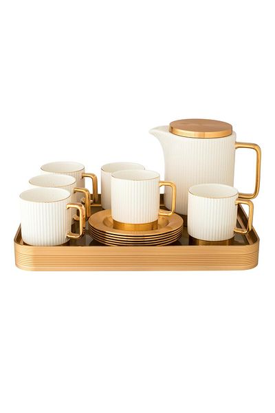 Dania White porcelain tea set with metal base, 13 pieces