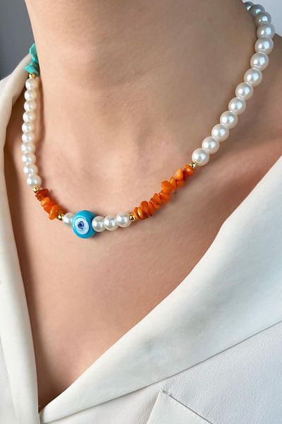 Sose Moda Coral Natural Stone Pearl Necklace with Evil Eye Beads - White