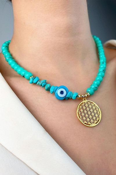 Sose Moda Turquoise Flower of Life Broken Stone Bead Necklace