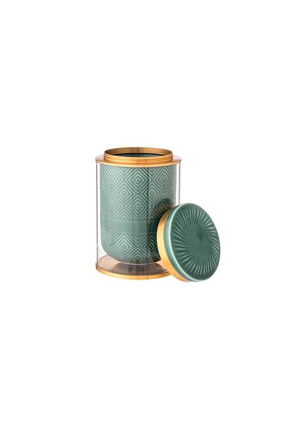 Dania Green porcelain and glass jar with metal lid, 10 x 16
