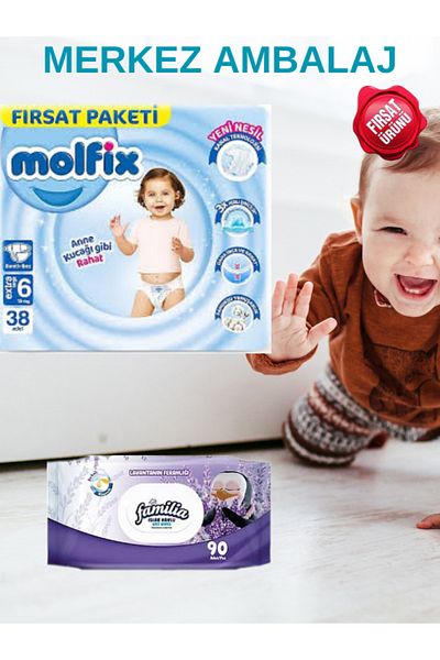 Molfix Molfix Baby Diapers - Size 6 15+ Kg, 38 Pieces + Familia 90-Piece Wet Wipes Opportunity Package