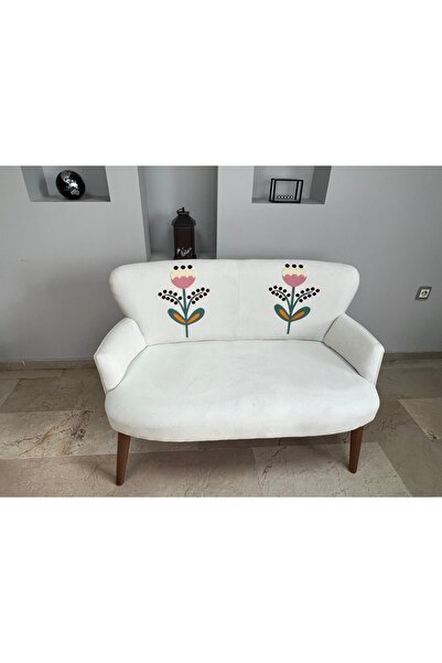 WATERYBROOK Punch İkili Koltuk - Etnik Desen - Nubuk Kumaş - Ahşap Ayak - Punch İşlemeli