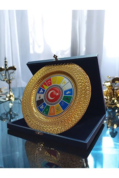 TUNA REKLAM 17 TÜRK DEVLET BAYRAKLARI LACİVERT DERİ KUTU SARI METAL TABAK PLAKET