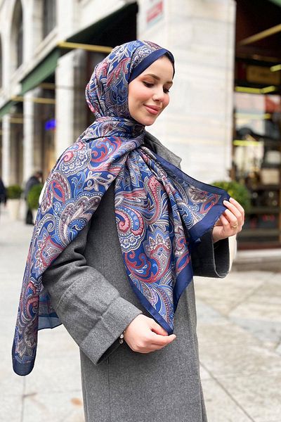 Sultan Soft Cotton Shawl - Retro Pattern - Slt3078-10 - Navy Blue, Gray, Claret Red