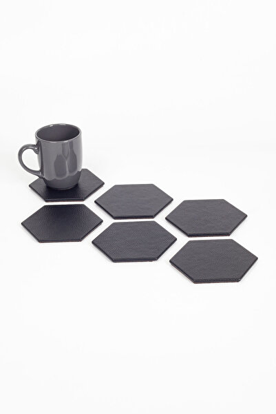Turgut Office Leather Hexagonal Coaster Black 6 Pieces