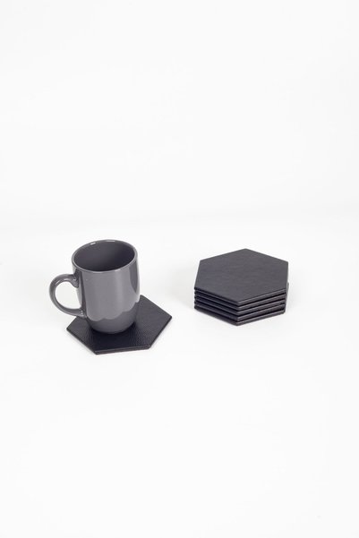 Turgut Office Leather Hexagonal Coaster Black 6 Pieces