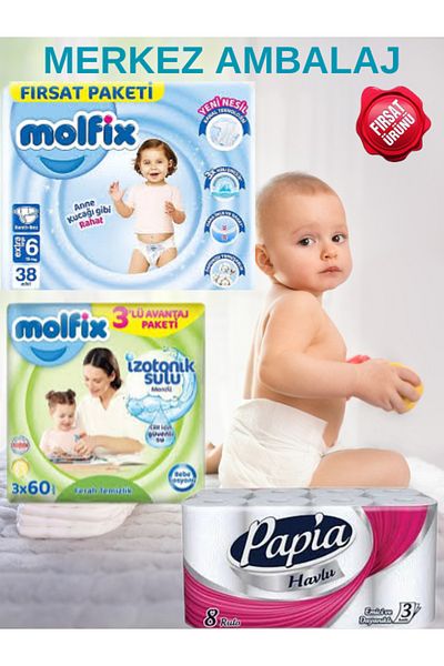 Molfix Size 6 15+ kg Baby Diapers - 38 Pcs Molfix Isotonic Water, 3*60 + 8 Roll Towels Opportunity Package