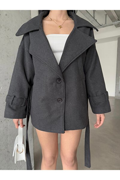 Female Clothing Antrasit Oversıze Kuşaklı Cepli Kısa Kaban