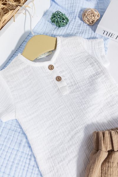 Babymod Summer Baby Boy Set with 100% Cotton Muslin Buttoned Bottom and Top Shorts