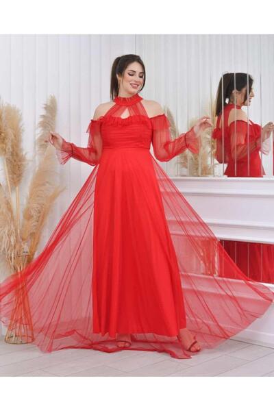 sarebutik Plus Size Red Tulle Long Evening Dress